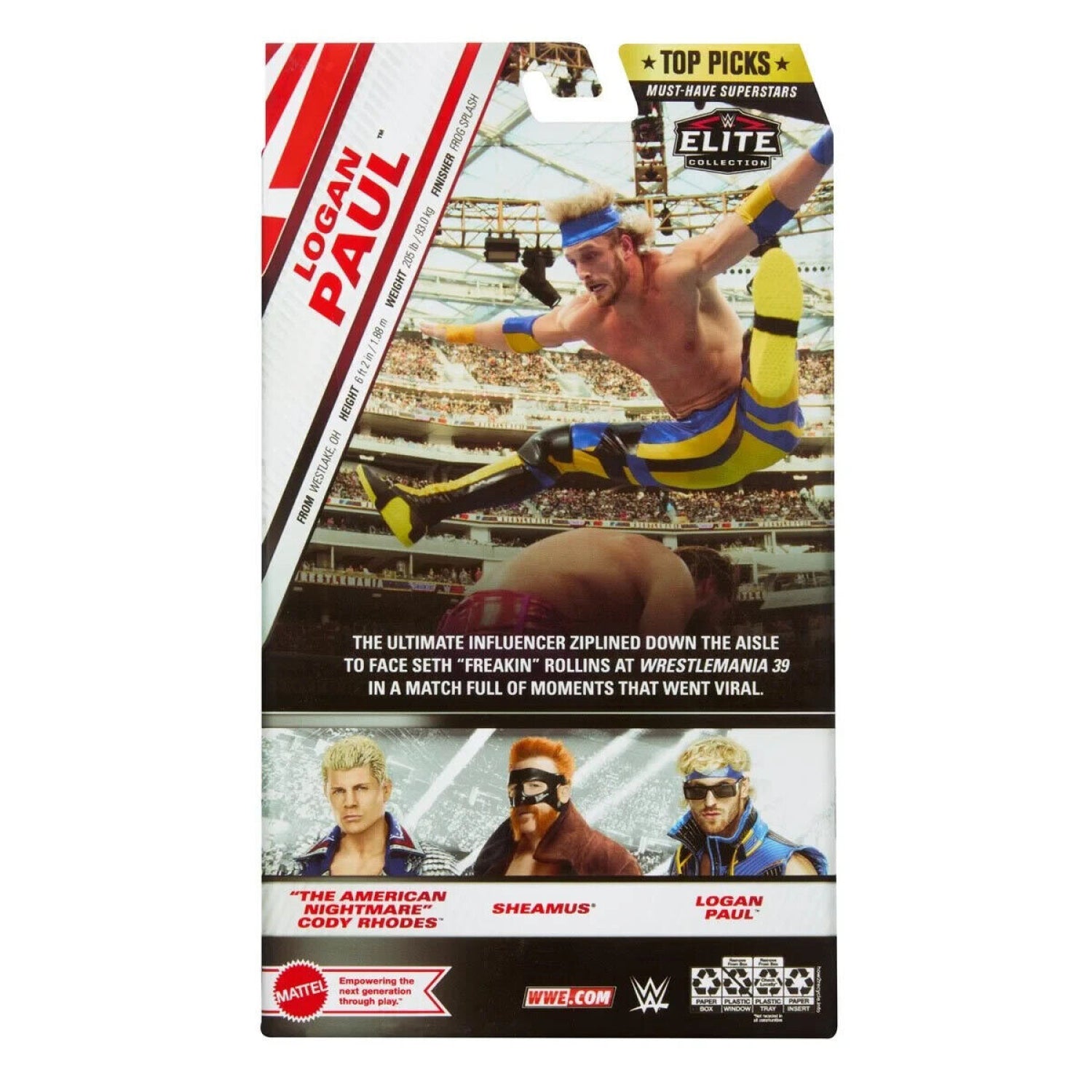 Mattel WWE Favorieten Elite set van actiefiguur en accessoires, verzamelobject, Logan Paul, ruim 15 cm, met verwisselbare handen, ringuitrusting en 25 beweegbare punten, JCJ37